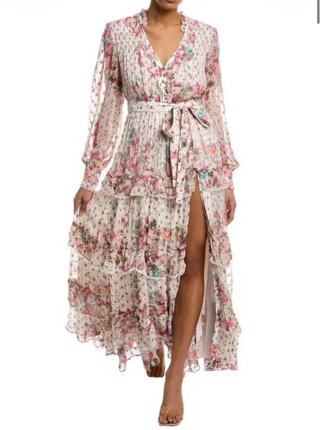 Rococo Sand White Pink Floral Maxi Gown - Gold Mirror Embroidery - Nwot
